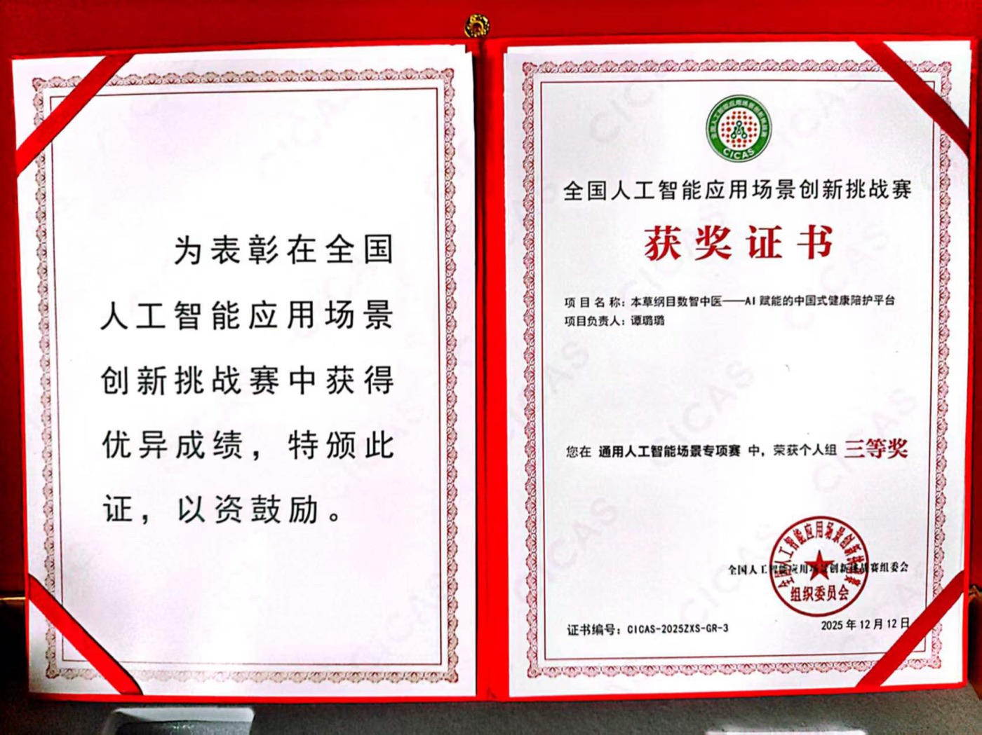 CICAS 全国人工智能应用场景创新挑战赛三等奖证书